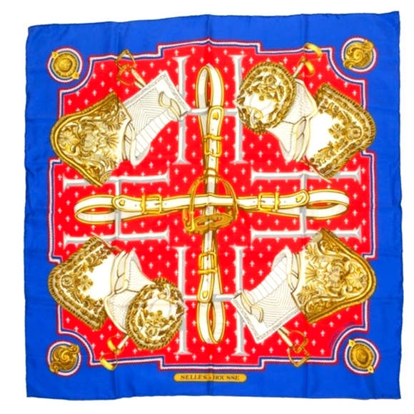 HERMES Carre 90 SELLES A HOUSSE Scarf Silk White Red blue - Picture 1 of 8